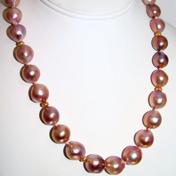 14K Gold Clasp Pink Purple 14mm Pearl Necklace Edison Cultured Pearl Necklace - Picture 4 of 7